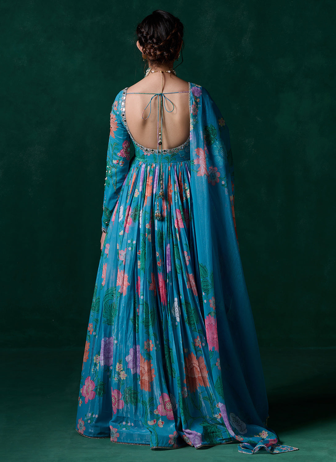 Teal Multicolor Floral Printed Anarkali