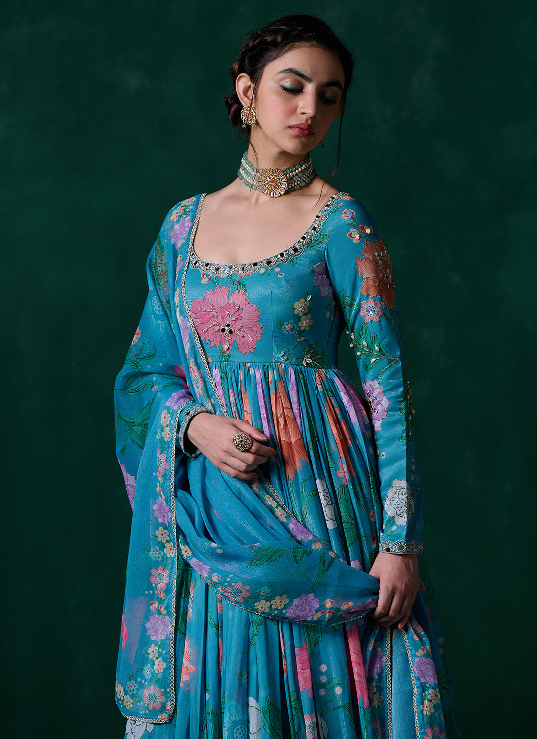 Teal Multicolor Floral Printed Anarkali