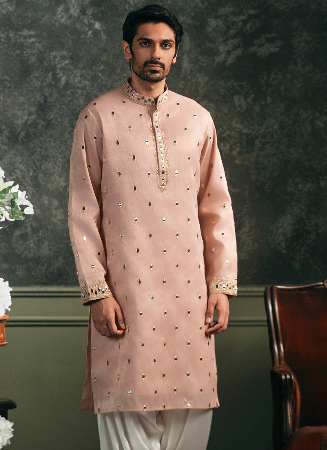 Peach Embroidered Silk Kurta Set