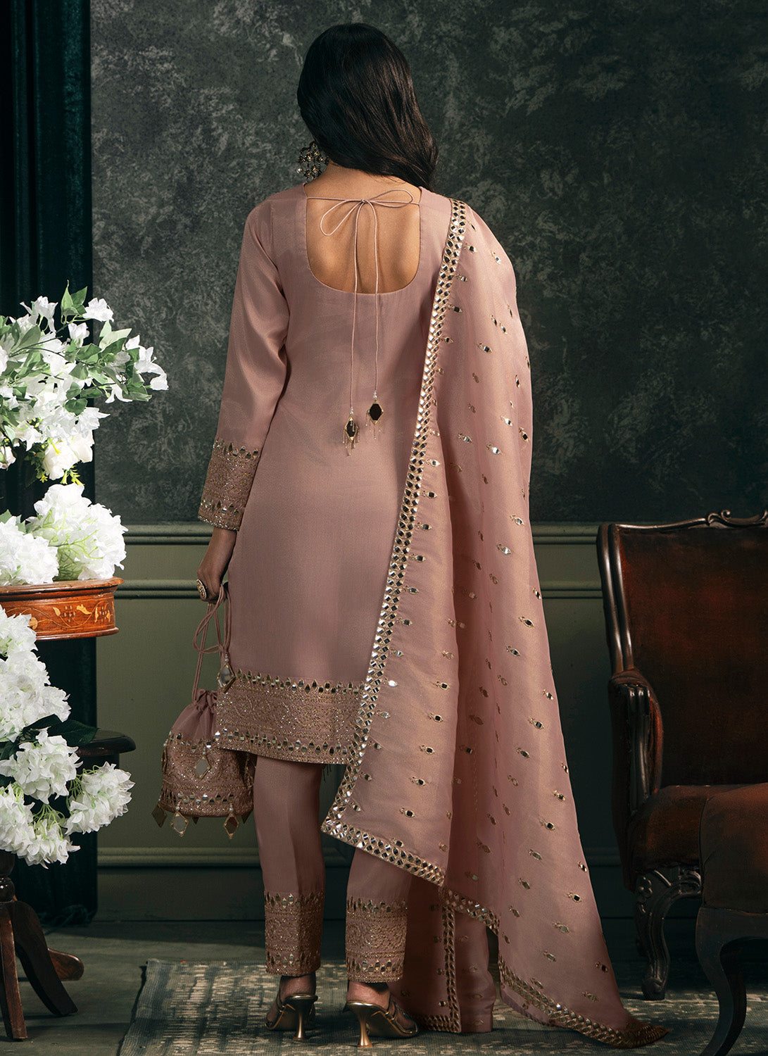 Peach Embroidered Silk Straight Suit