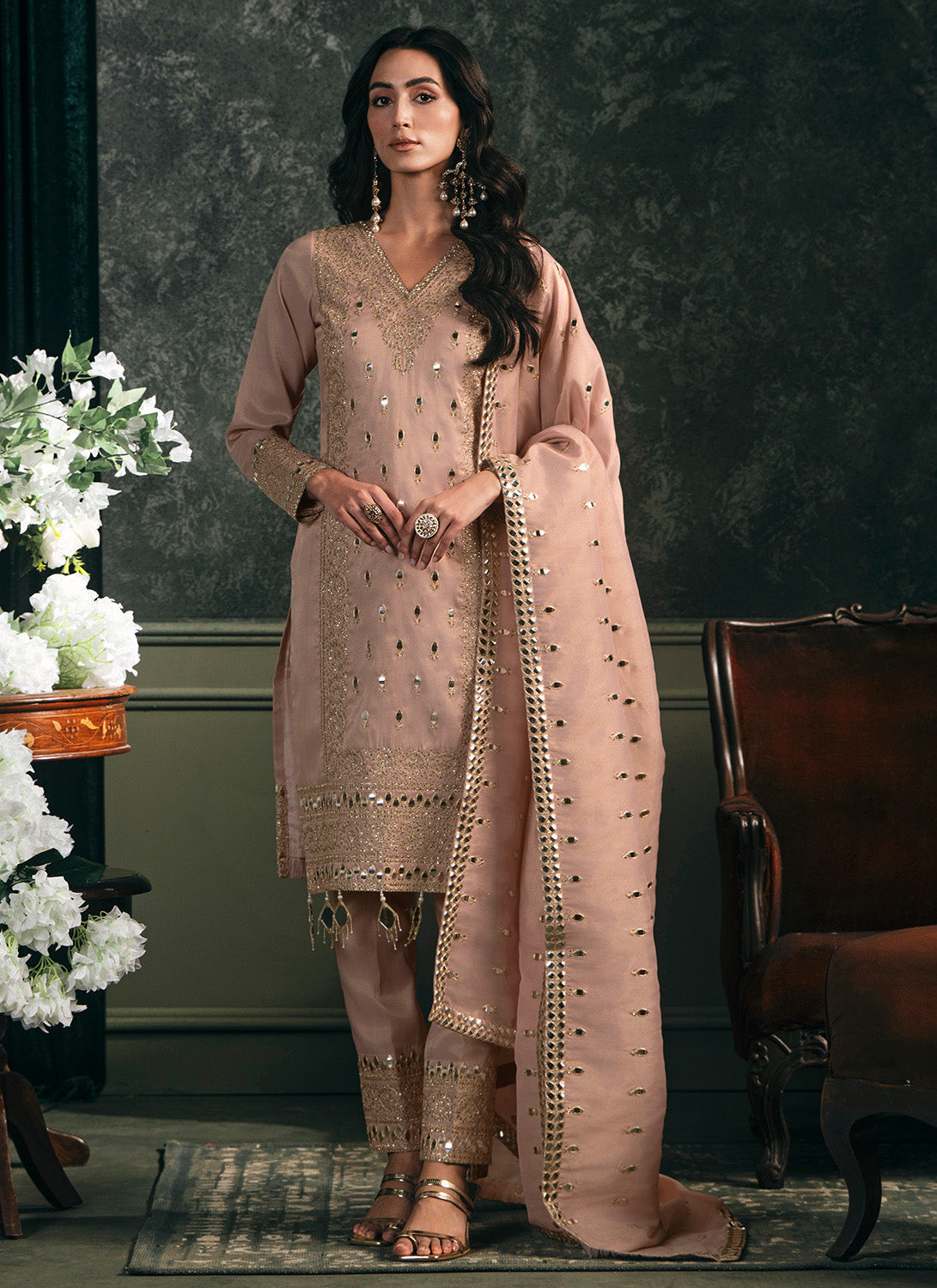Peach Embroidered Silk Straight Suit