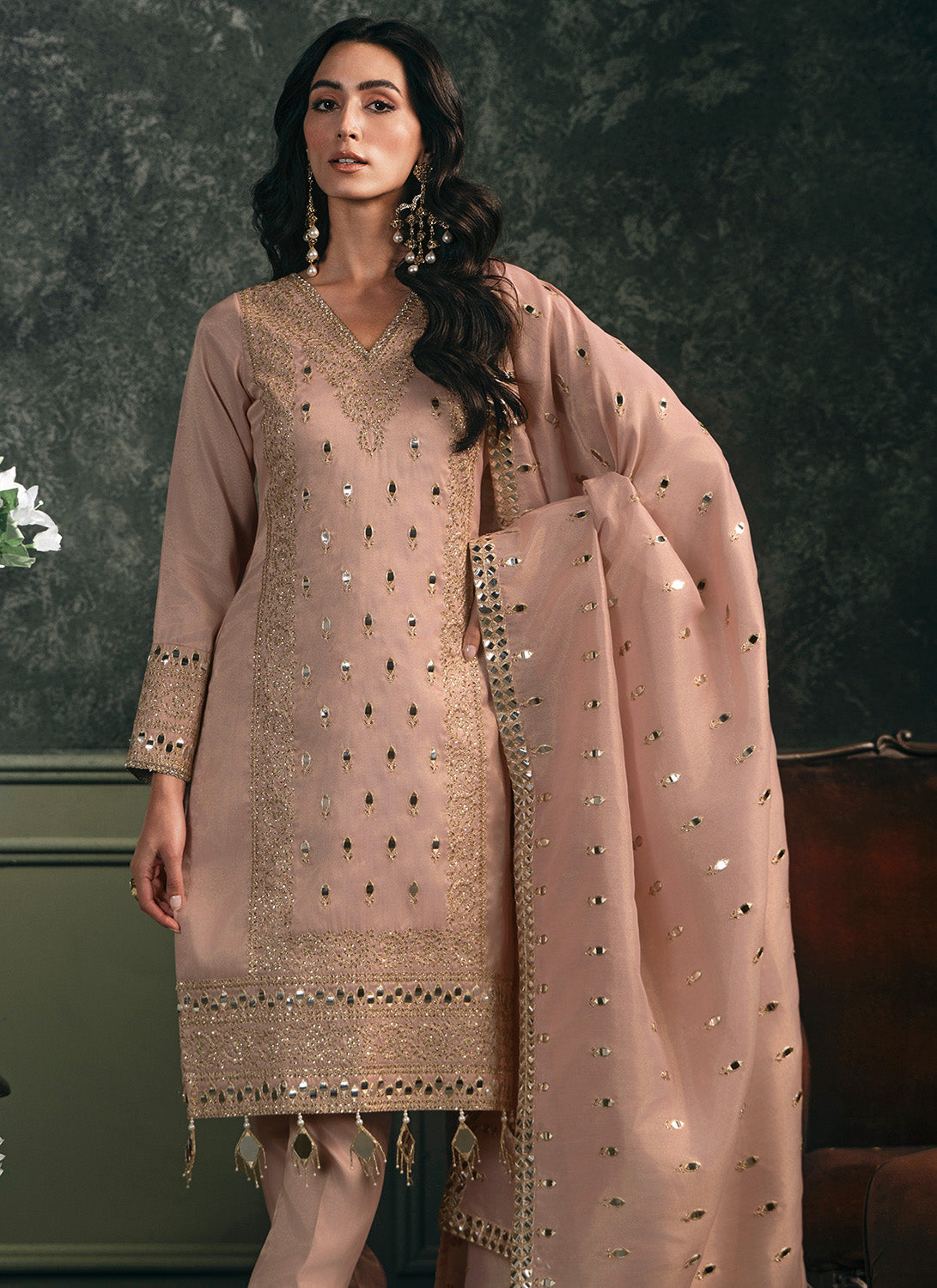Peach Embroidered Silk Straight Suit