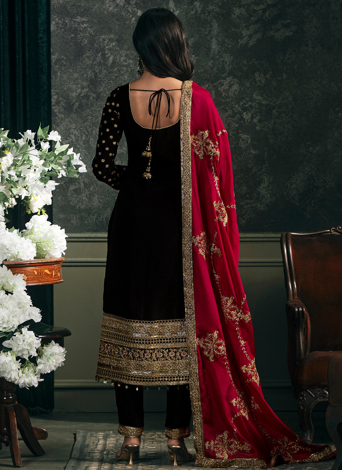 Black and Hot Pink Embroidered Straight Suit