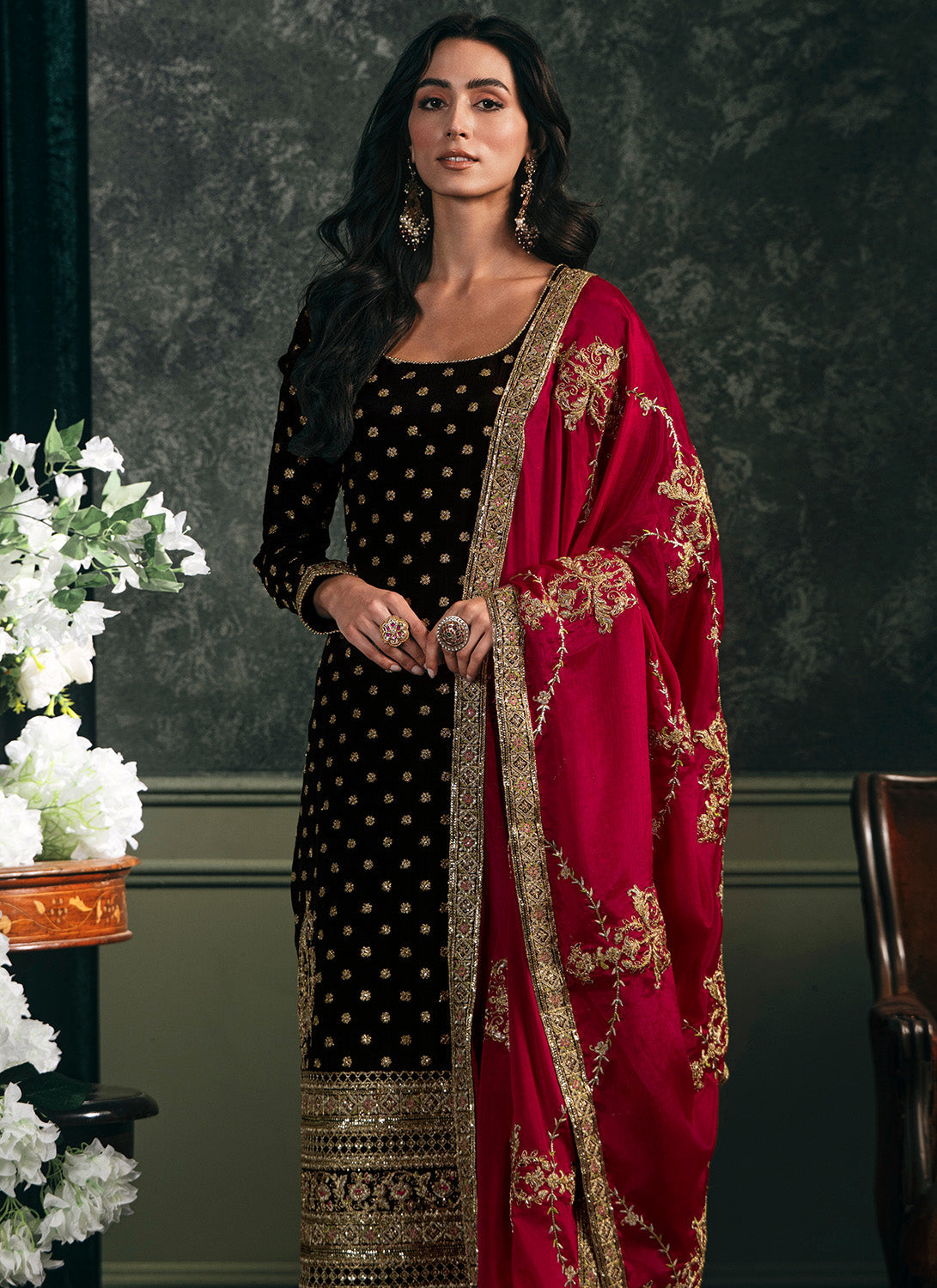 Black and Hot Pink Embroidered Straight Suit