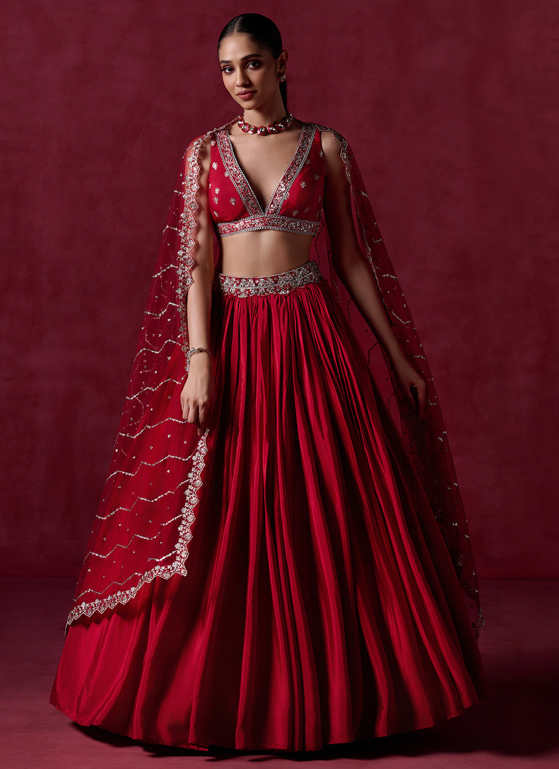 Red Embroidered Crepe Silk Lehenga