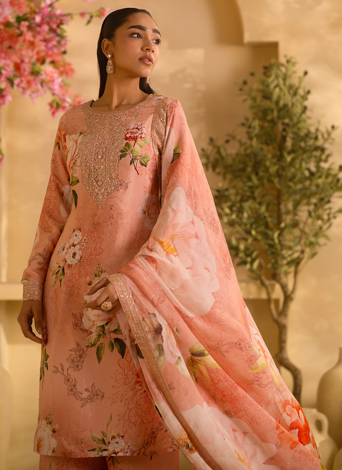 Dusty Peach Floral Embroidered Satin Georgette Palazzo Suit