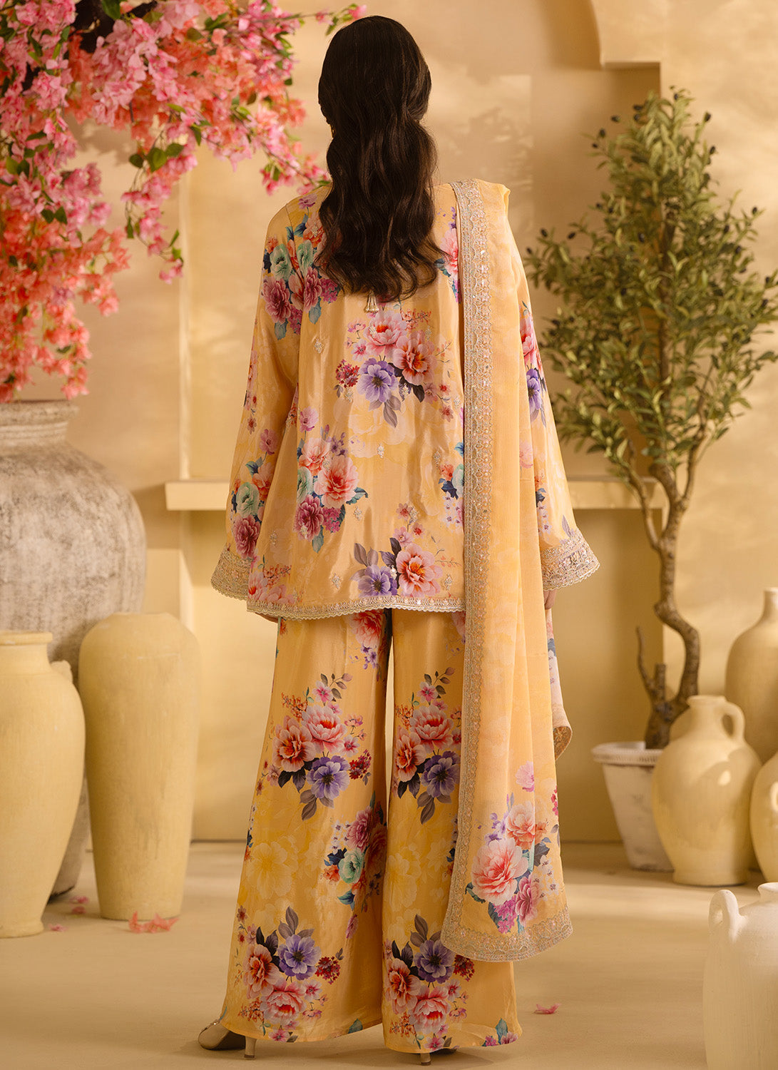 Yellow Floral Embroidered Crepe Silk Palazzo Suit