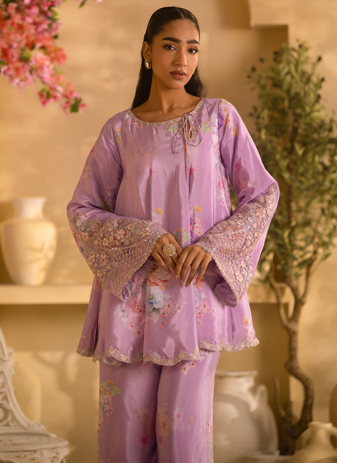Lilac Floral Embroidered Crepe Silk Set