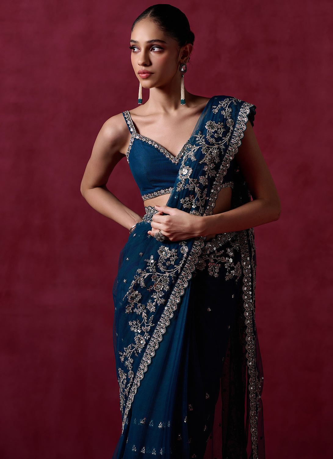 Teal Blue Embroidered Net Saree
