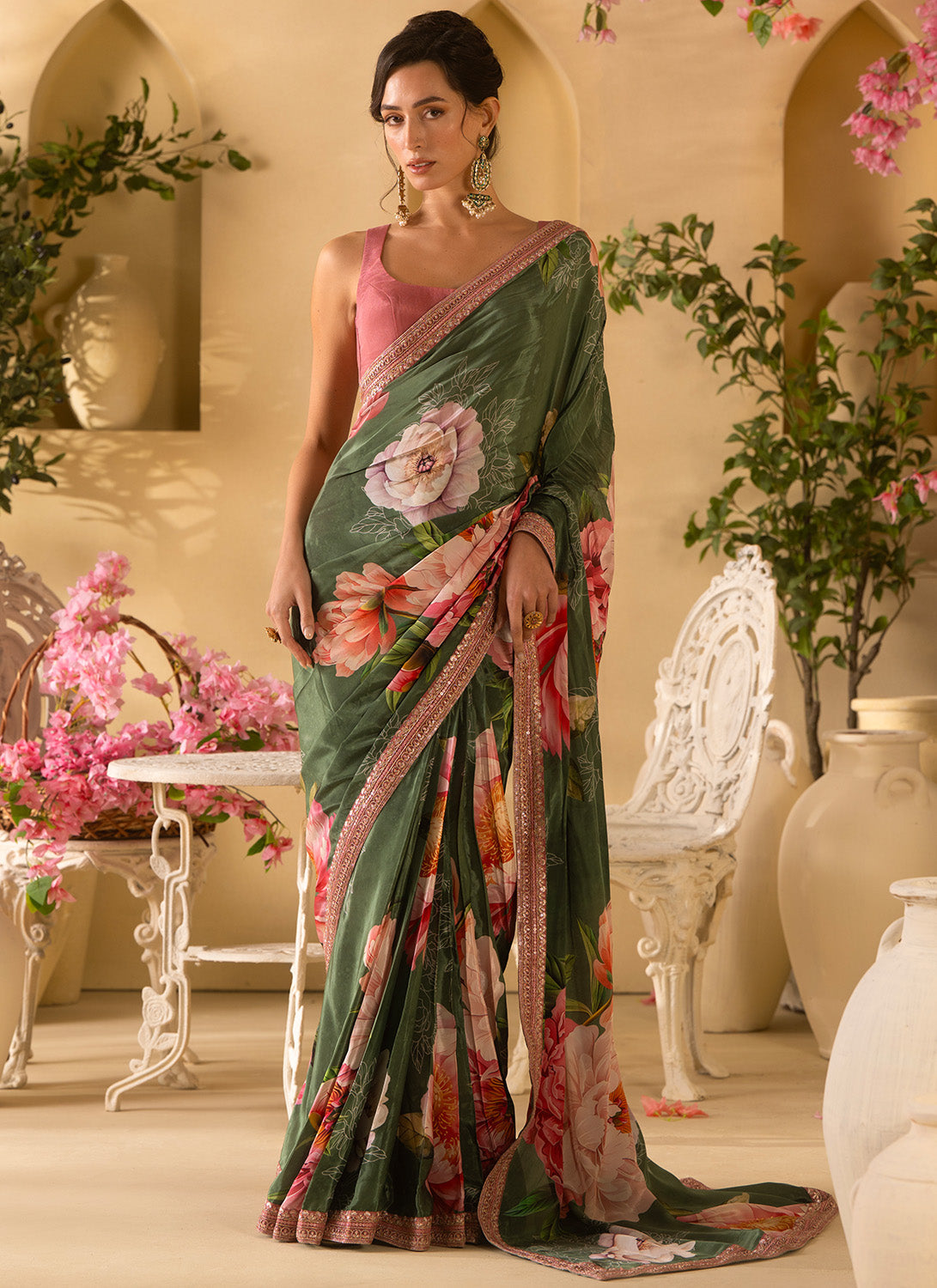 Green Multicolor Floral Embroidered Viscose Chinon Saree