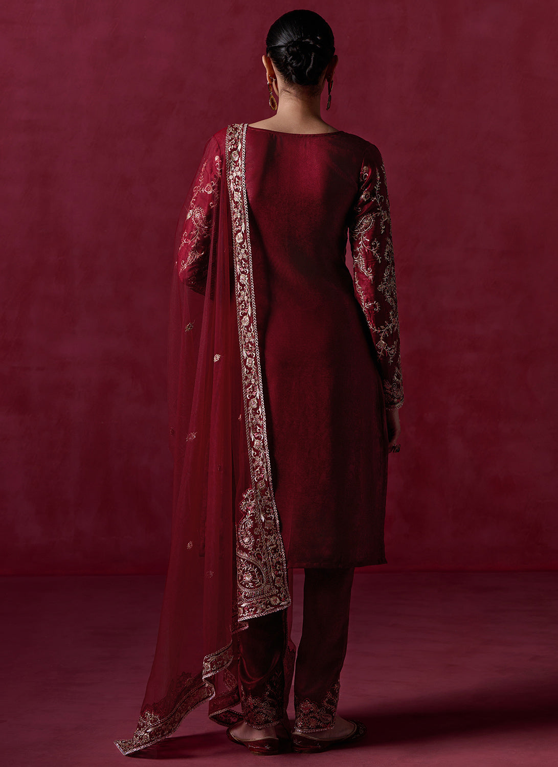 Maroon Embroidered Silk Straight Suit