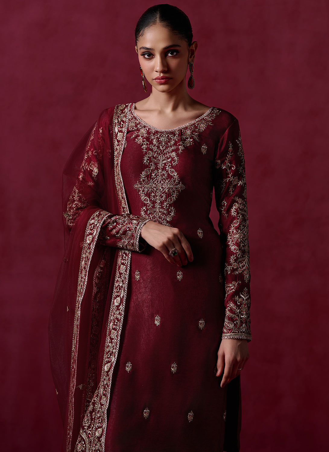 Maroon Embroidered Silk Straight Suit