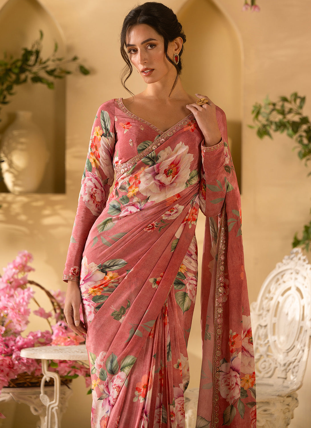 Dusty Rose Floral Embroidered Crepe Silk Saree