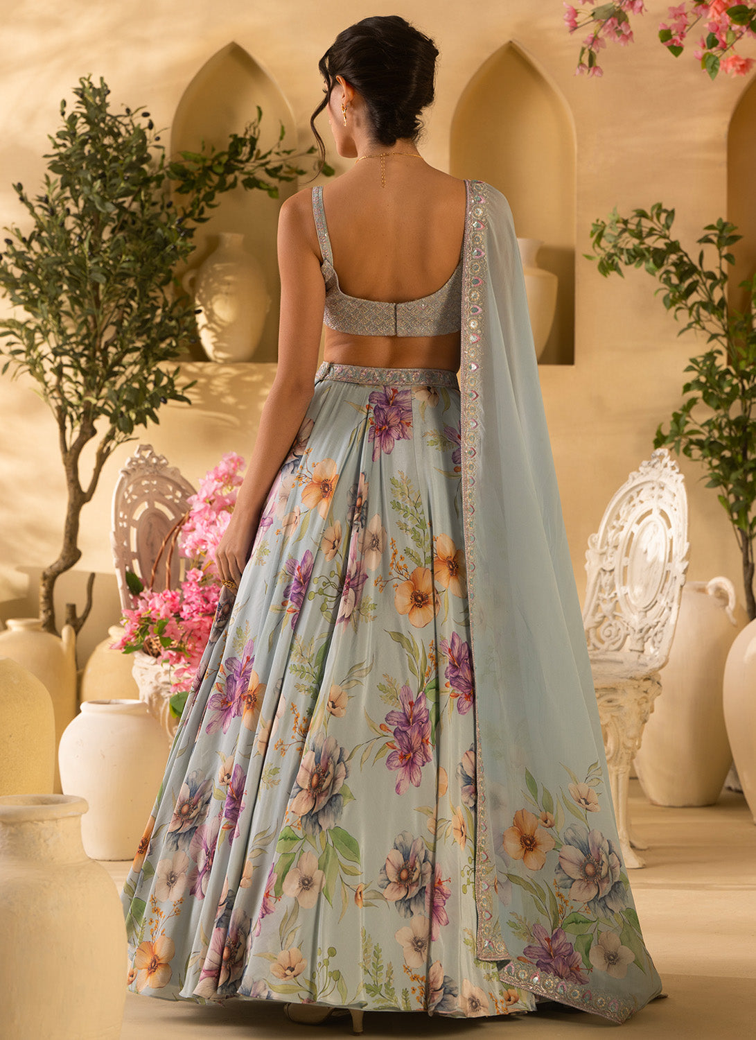 Dusty Blue Floral Embroidered Satin Georgette Lehenga