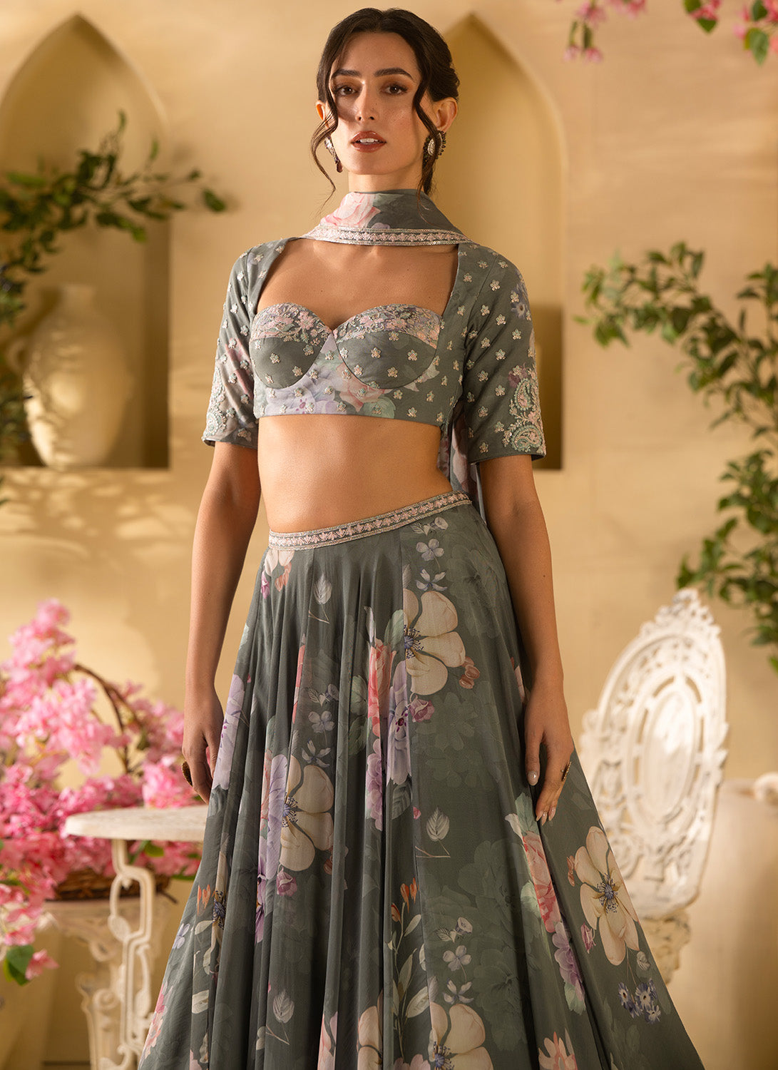 Green Floral Embroidered Organza Lehenga