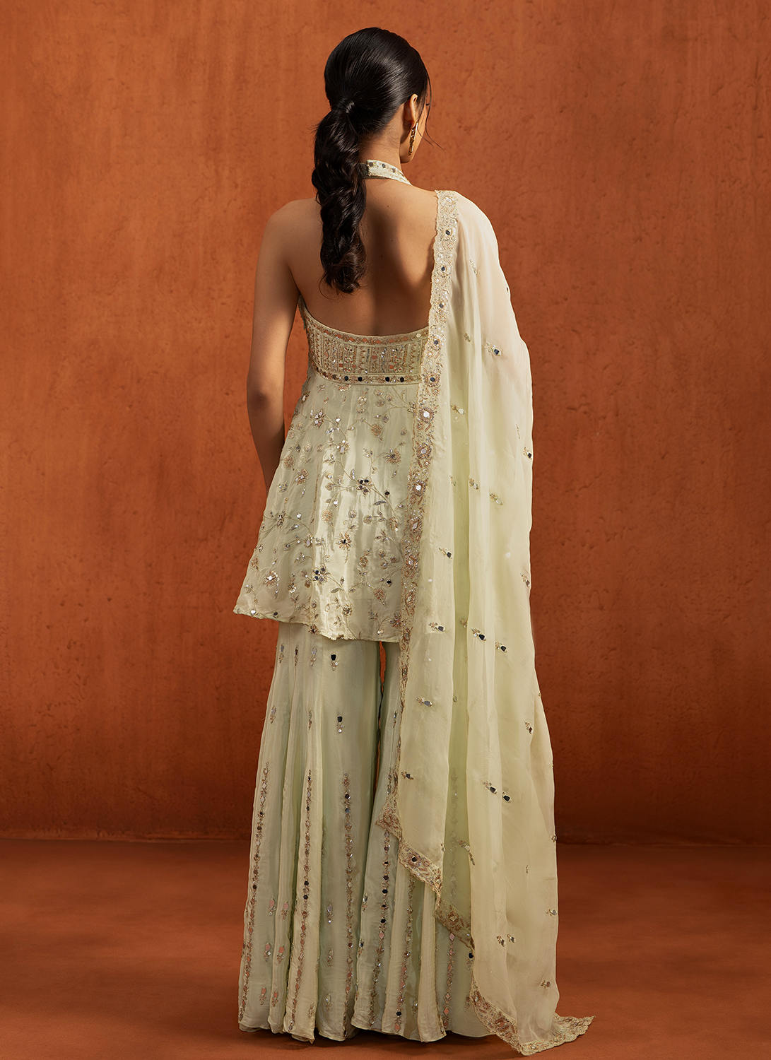 Light Green Embroidered Peplum Style Gharara Suit