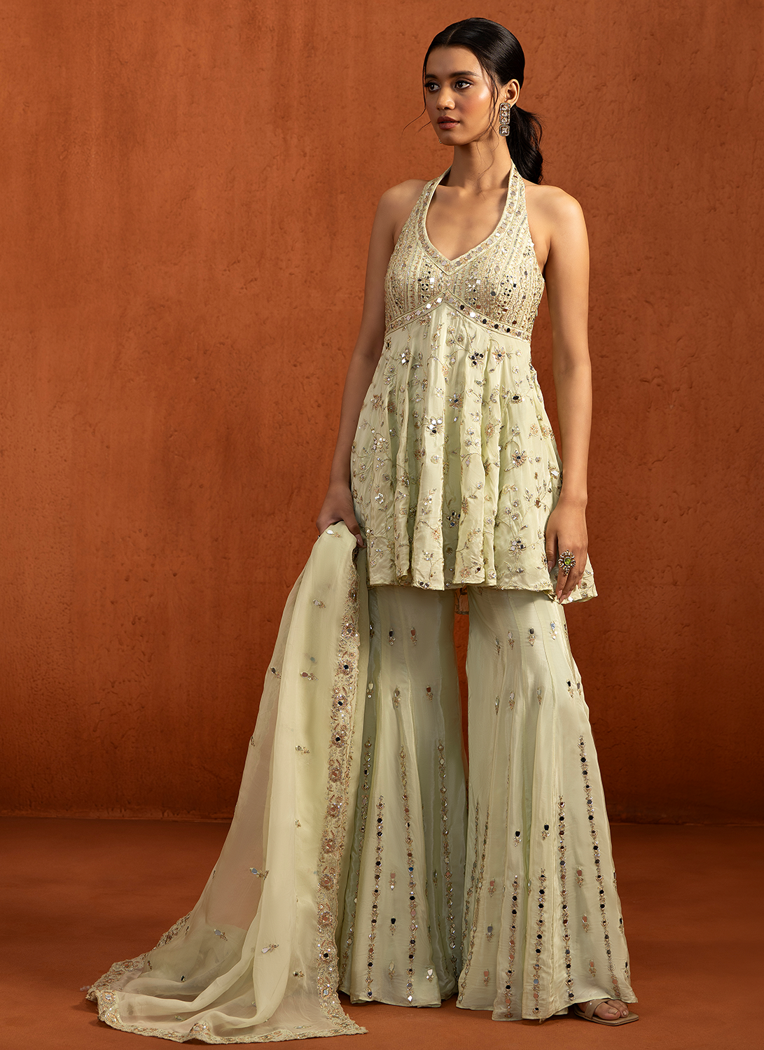 Light Green Embroidered Peplum Style Gharara Suit