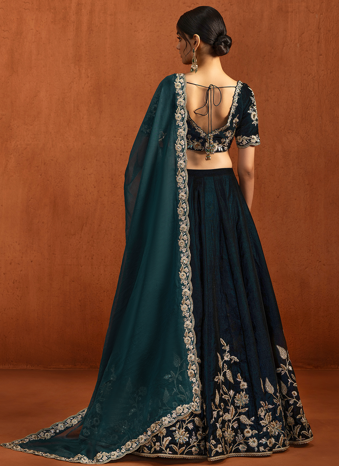 Teal Embroidered Velvet Lehenga