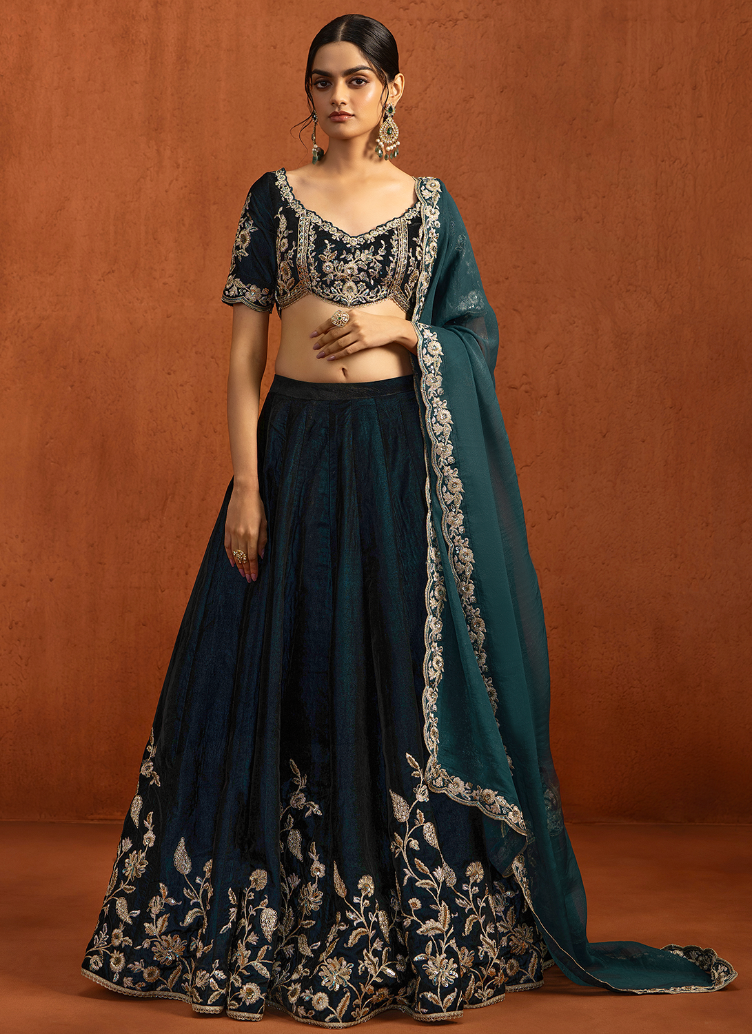 Teal Embroidered Velvet Lehenga