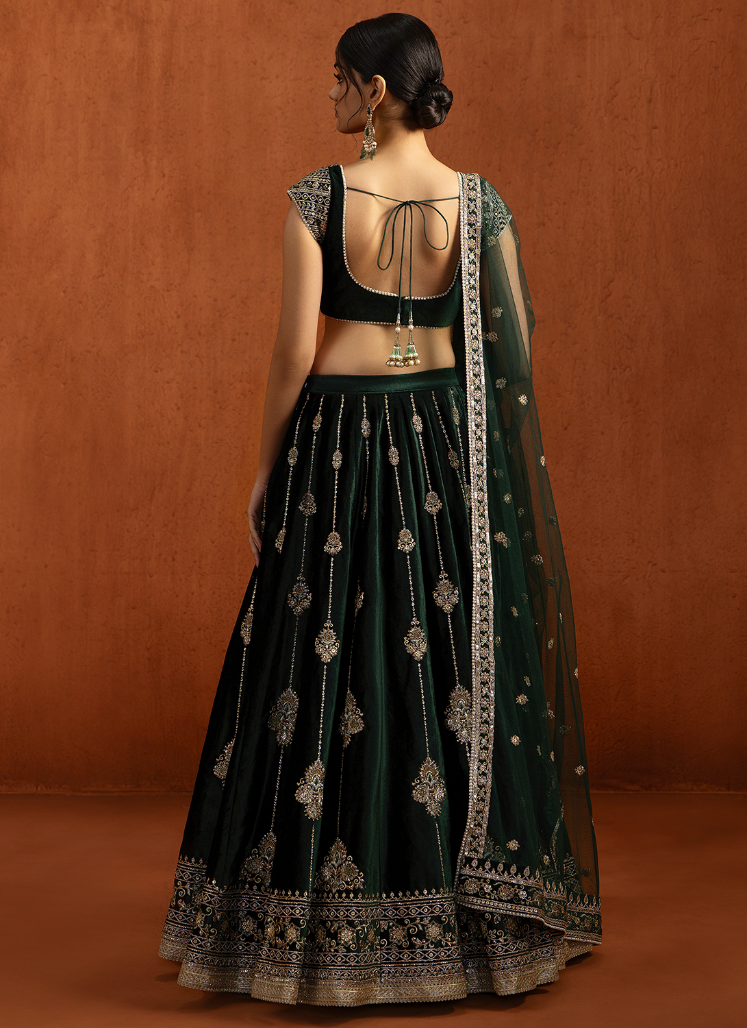 Dark Green Embroidered Velvet Lehenga