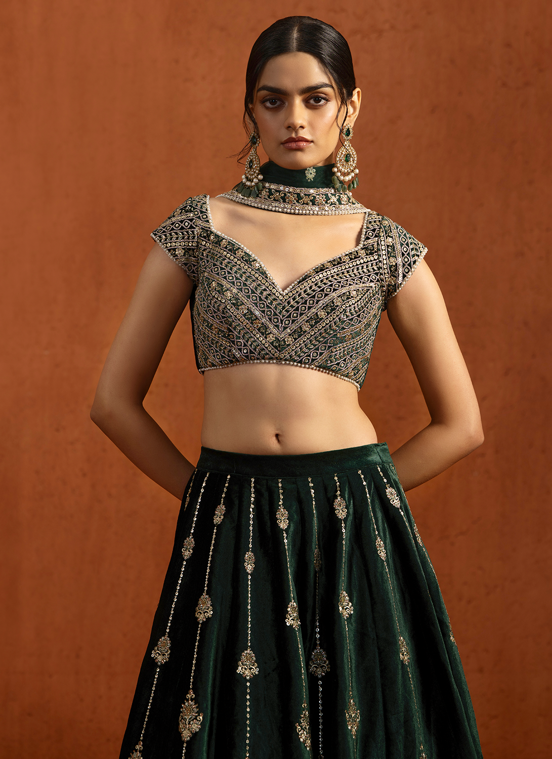 Dark Green Embroidered Velvet Lehenga
