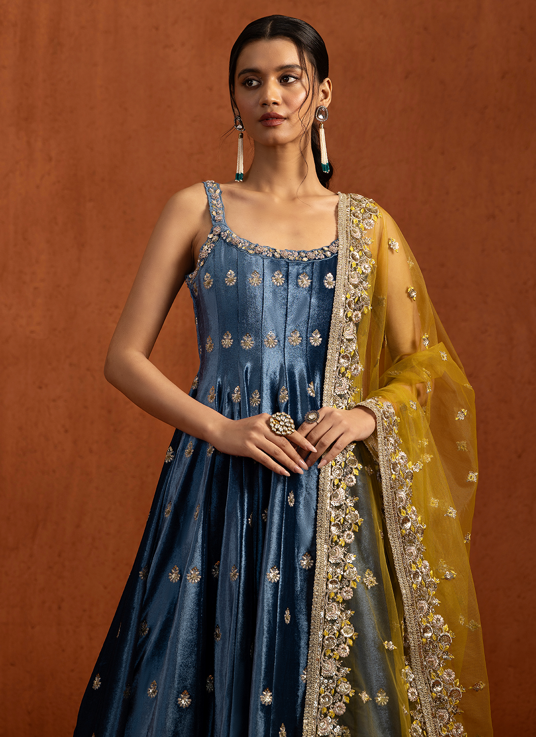 Blue Embroidered Velvet Anarkali
