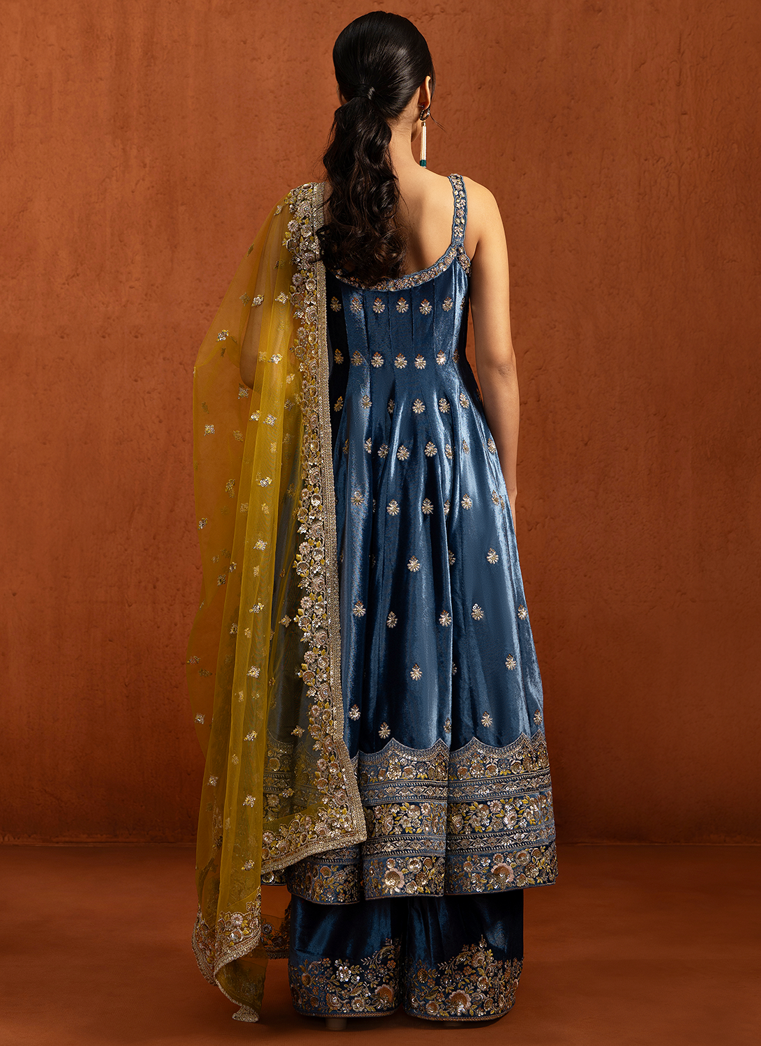 Blue Embroidered Velvet Anarkali