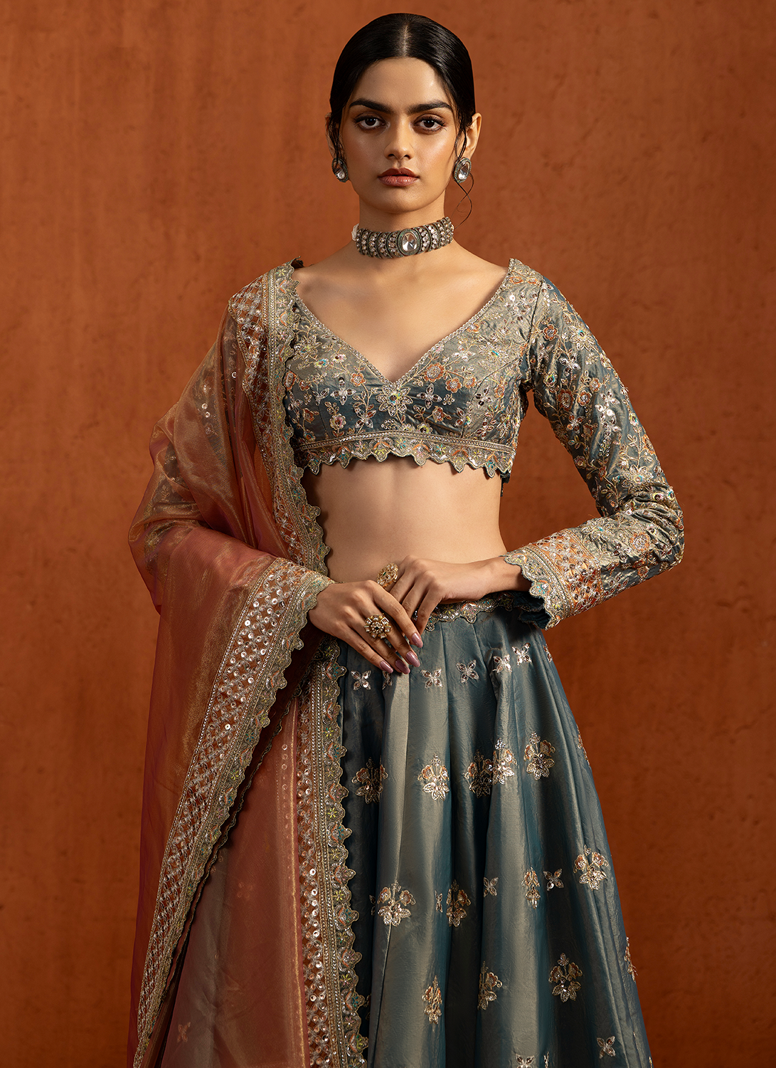 Dusty Teal Embroidered Silk Lehenga