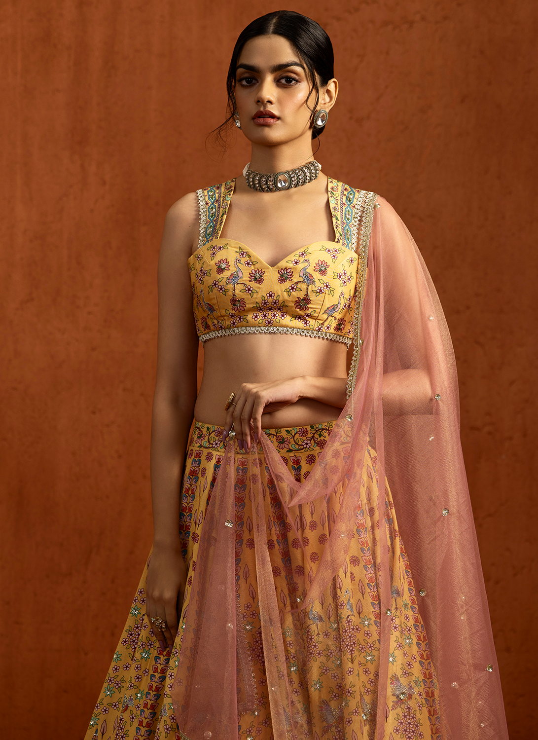 Yellow Multicolor Printed Viscose Silk Lehenga