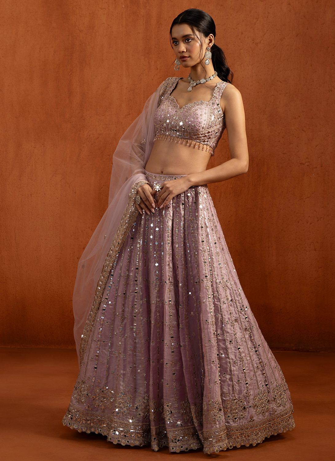 Lilac Embroidered Satin Lehenga