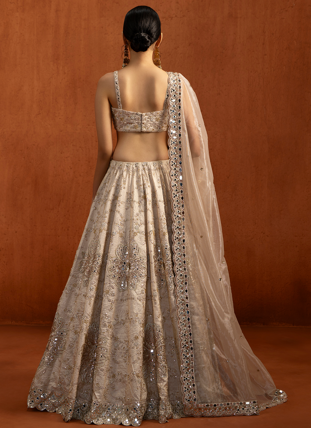 Off White Embroidered Silk Satin Lehenga