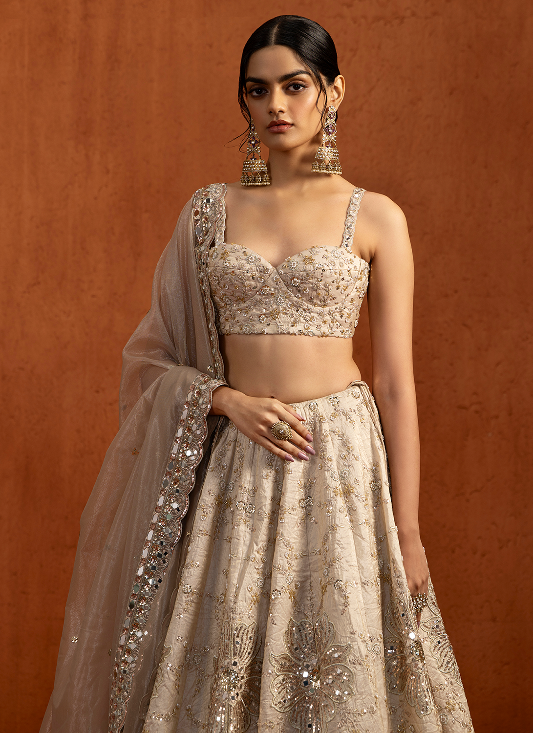 Off White Embroidered Silk Satin Lehenga
