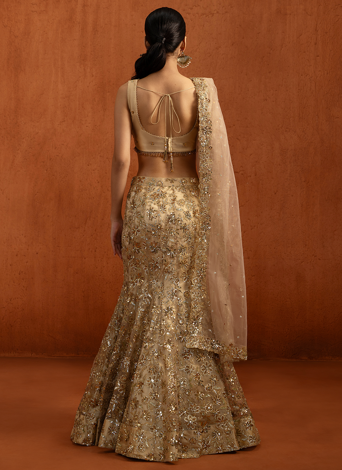 Gold Fishcut Embroidered Net Lehenga
