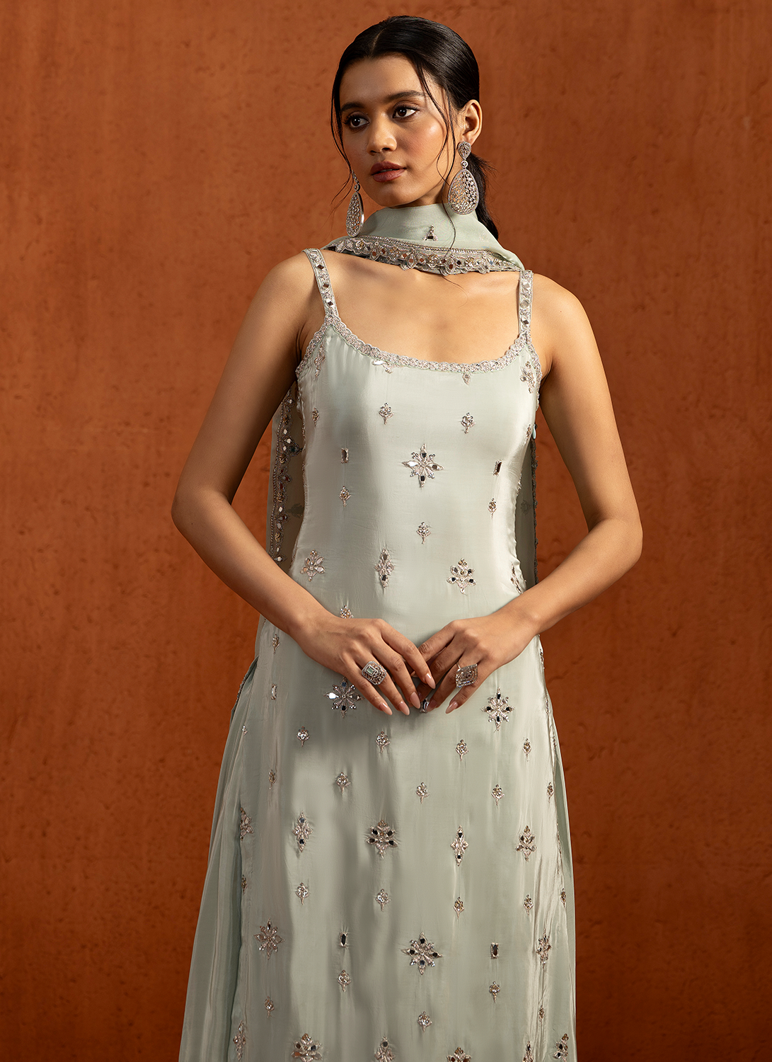 Mint Embroidered Viscose Crepe Sharara Suit