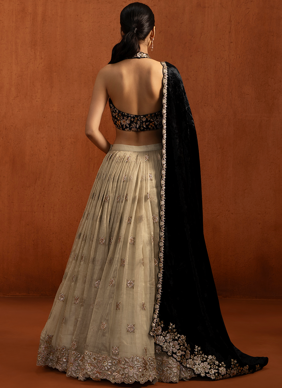 Champagne and Black Embroidered Velvet Lehenga