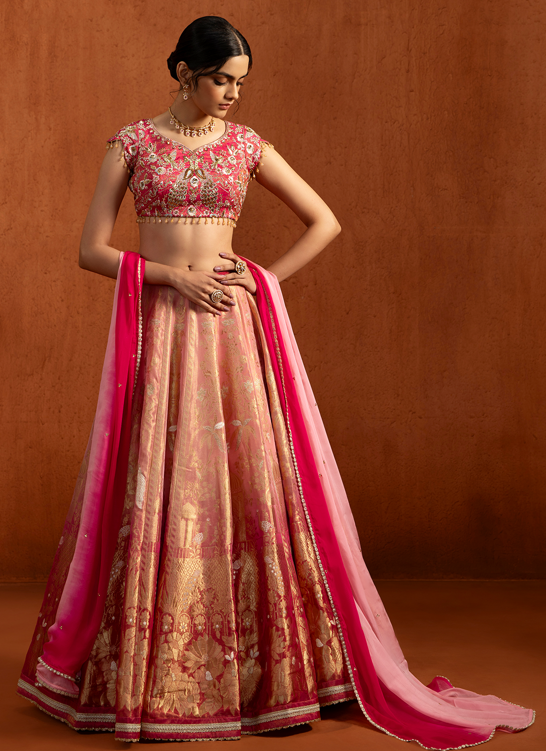 Pink Embroidered Brocade Lehenga
