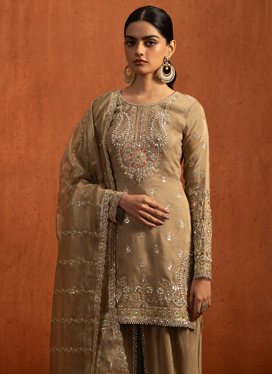 Light Golden Brown Embroidered Punjabi Suit