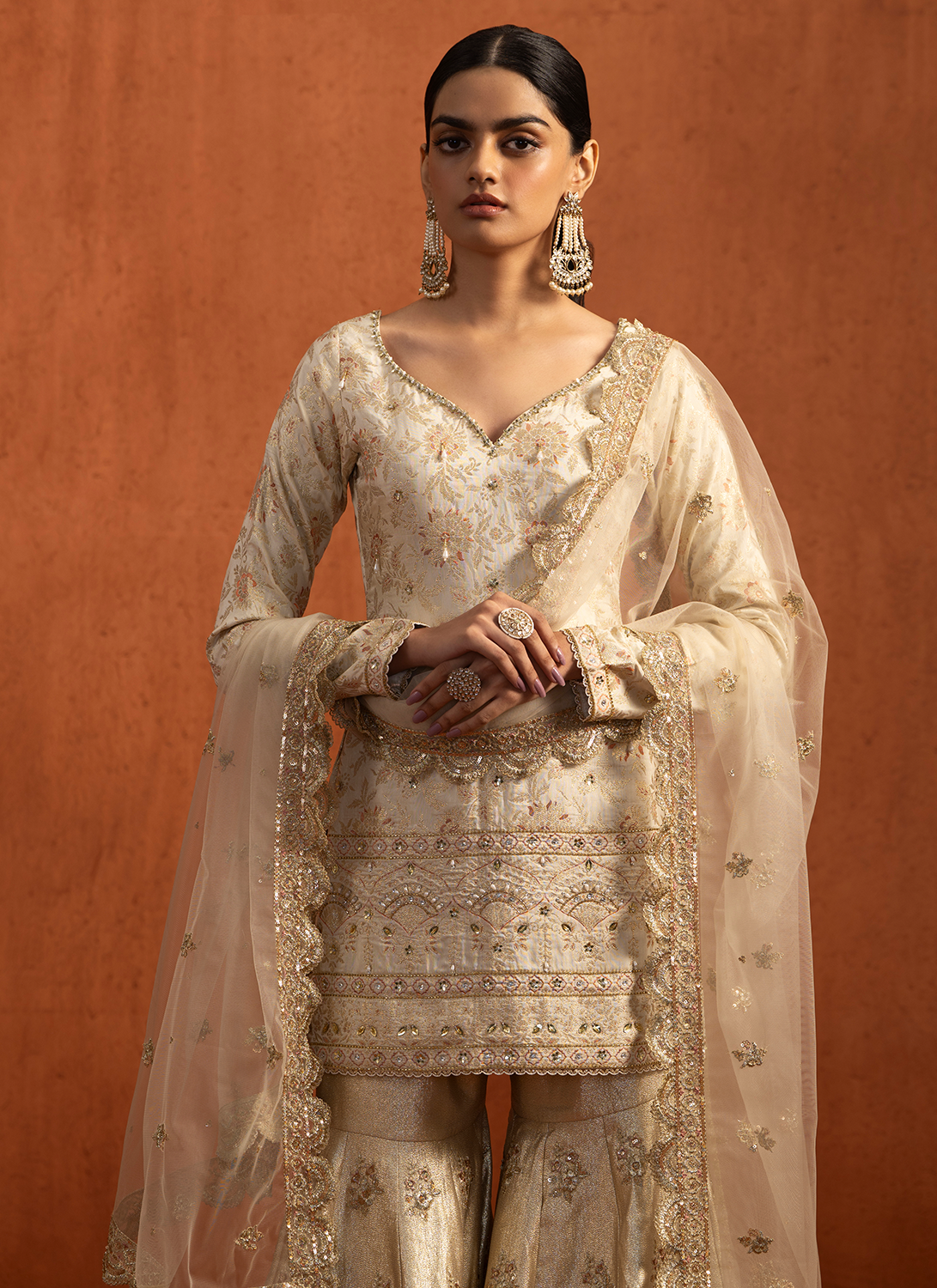 Off White Embroidered Brocade Gharara Suit