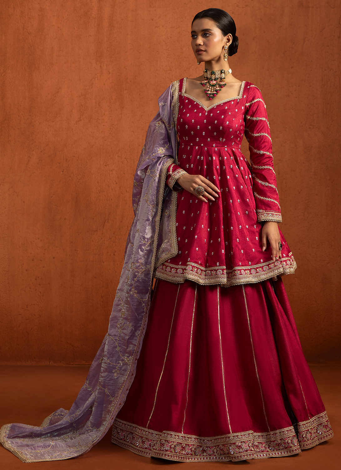 Hot Pink Embroidered Peplum Style Lehenga