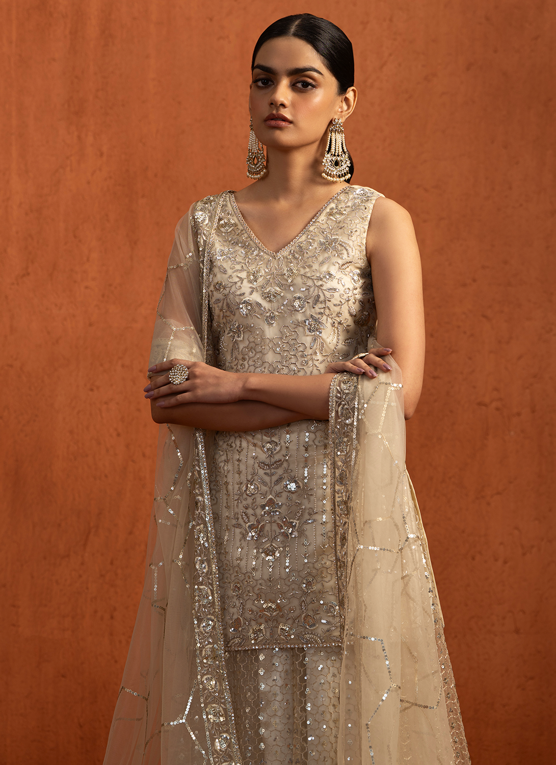 Ivory Embroidered Net Sharara Suit