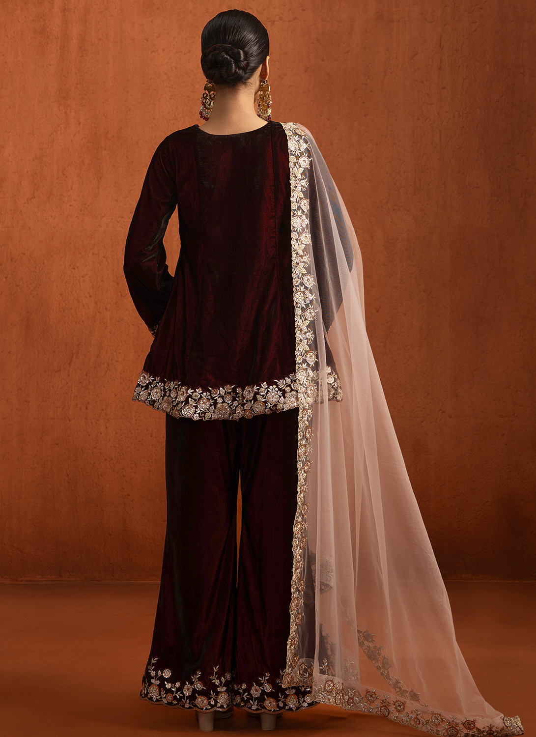 Maroon Embroidered Velvet Pant Suit