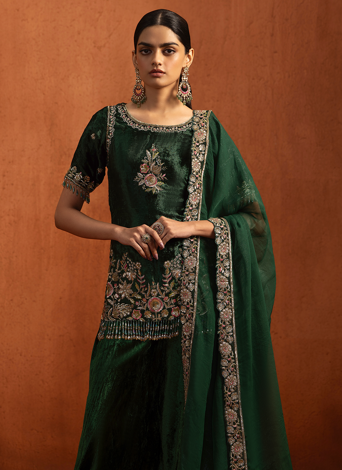 Green Embroidered Velvet Sharara Suit