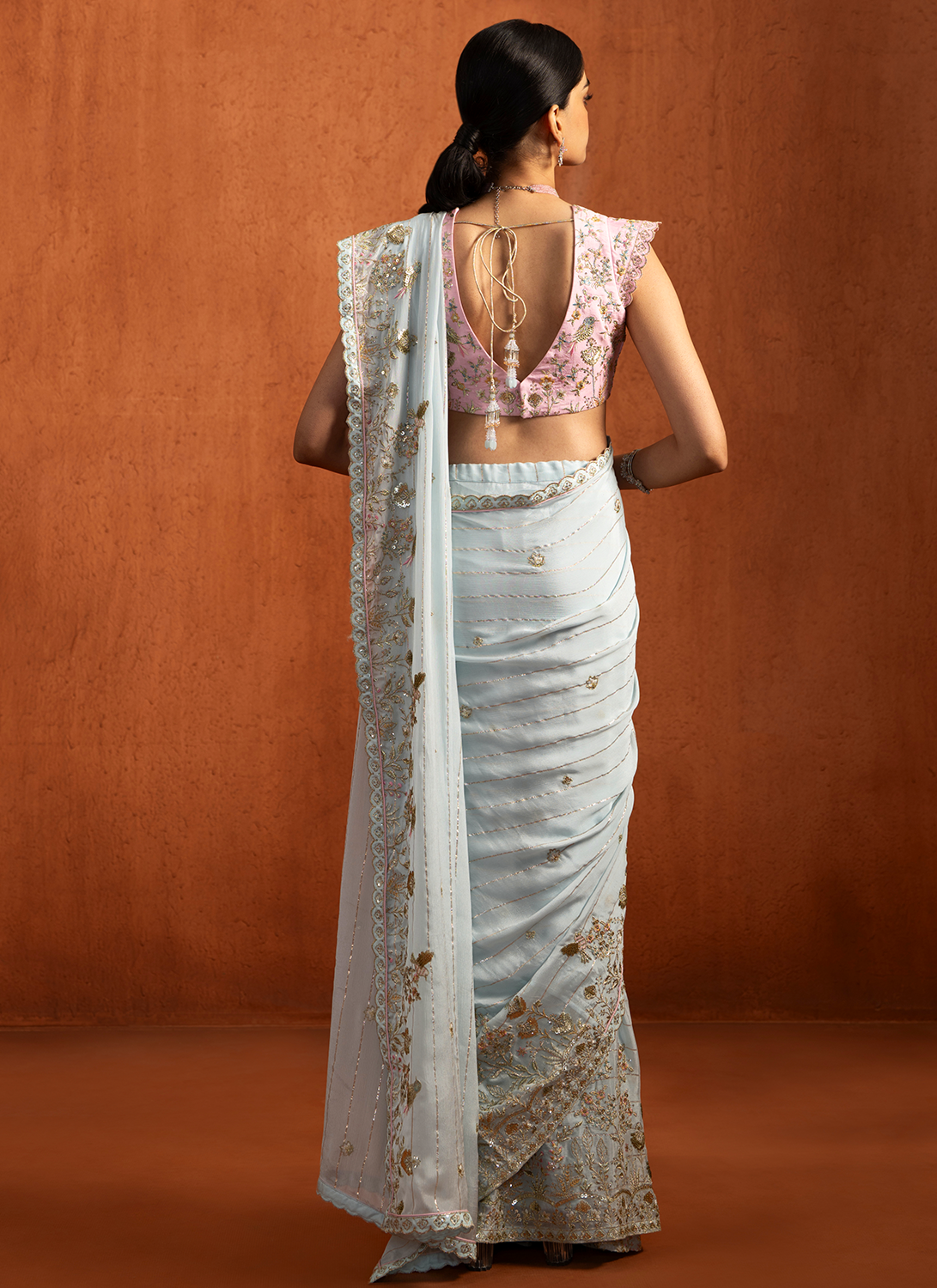 Light Blue Multicolor Embroidered Viscose Chiffon Saree