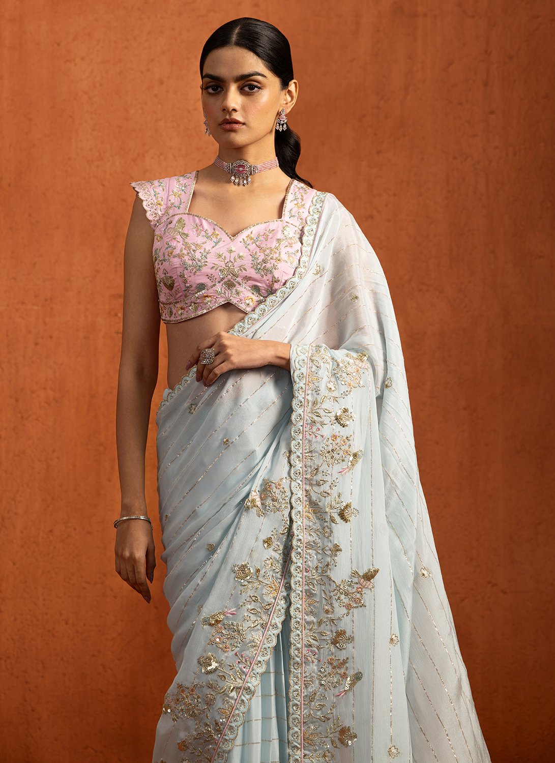 Light Blue Multicolor Embroidered Viscose Chiffon Saree