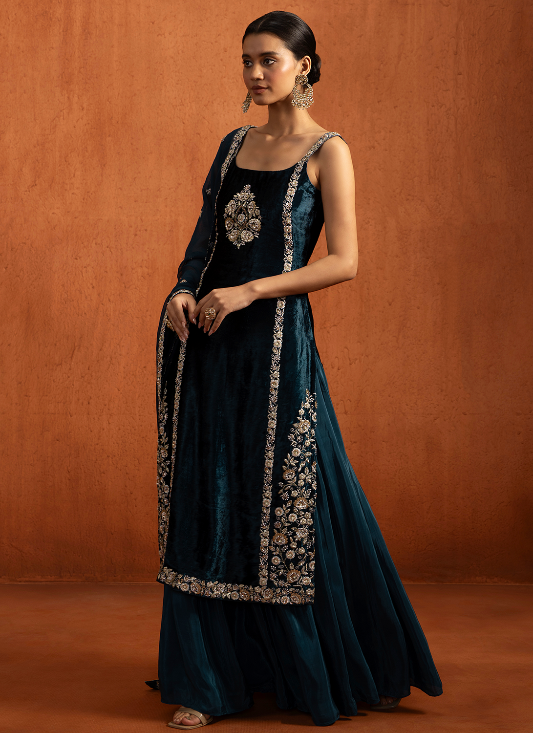 Blue Embroidered Viscose Velvet Sharara Suit