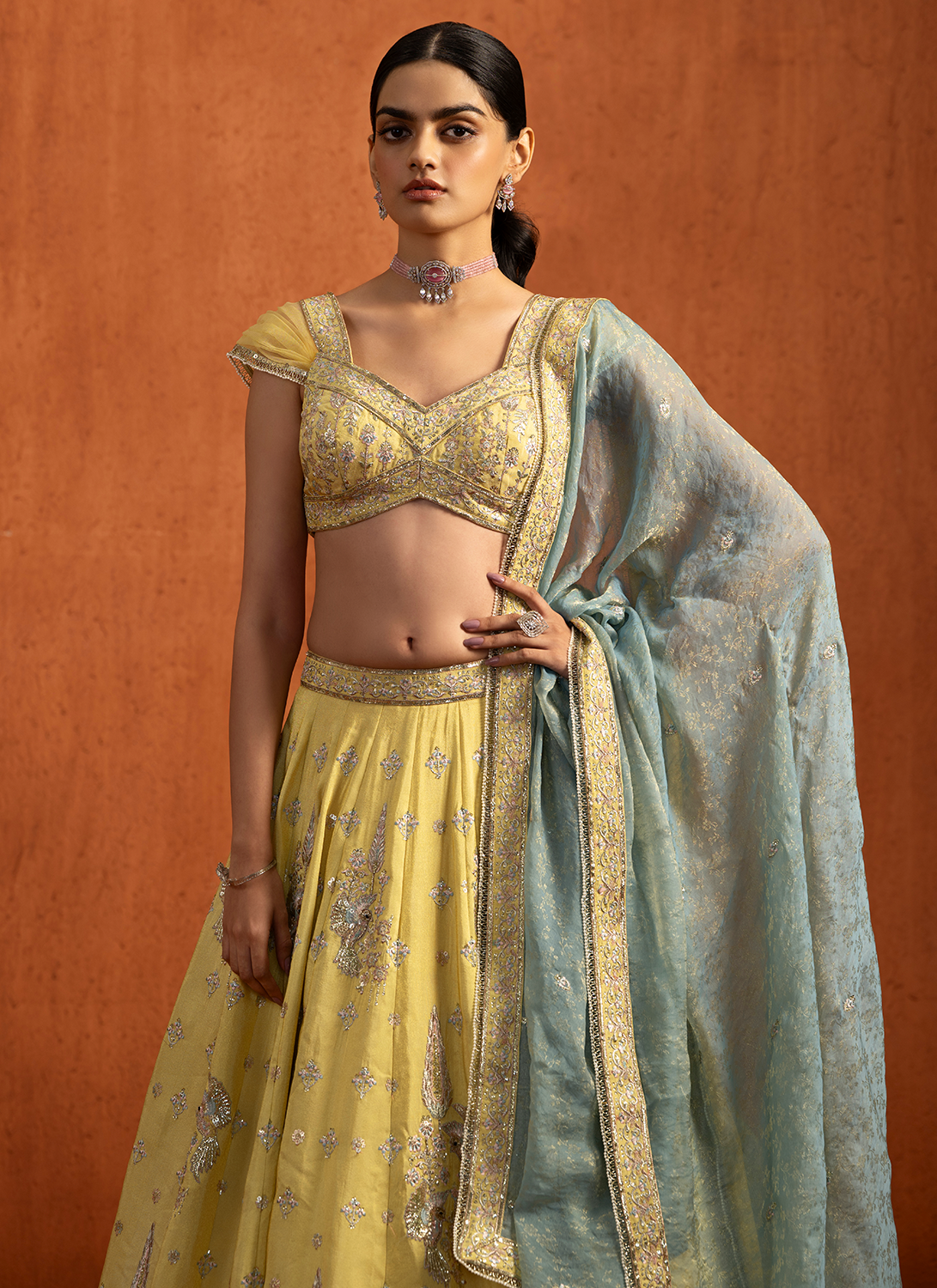 Yellow Embroidered Viscose Tissue Lehenga