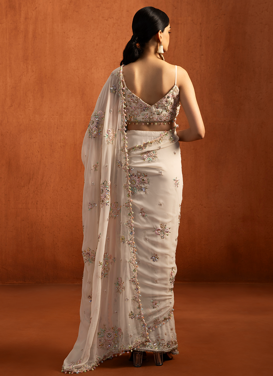 Off White Embroidered Georgette Saree