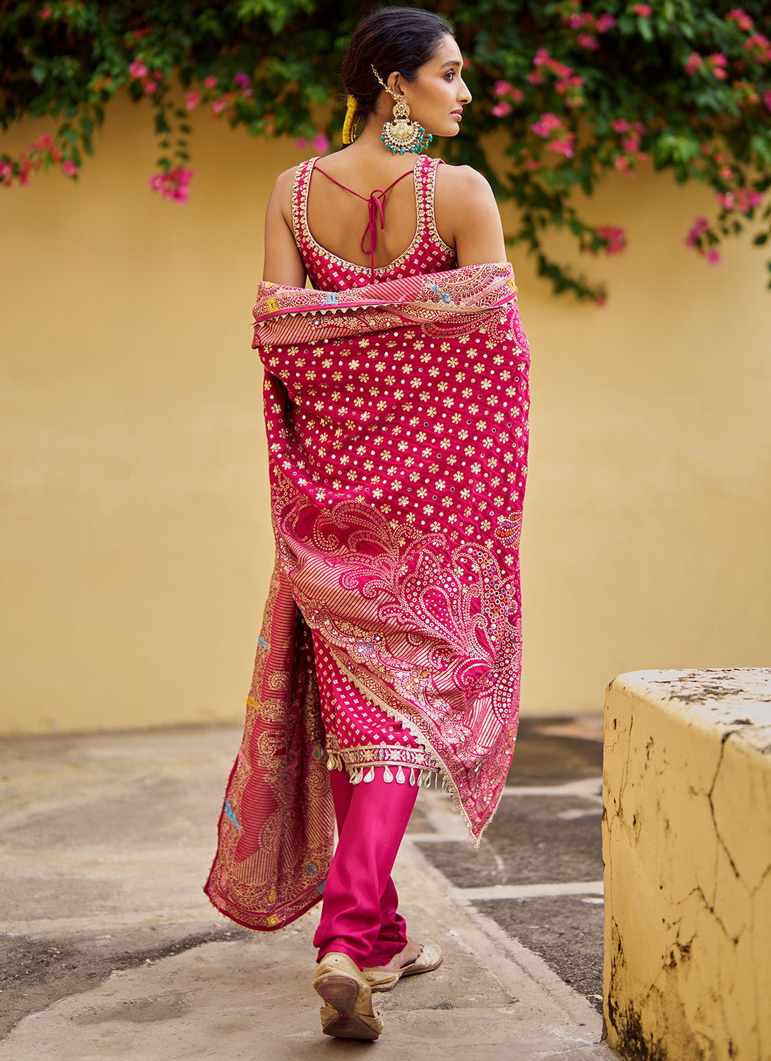 Hot Pink Embroidered Viscose Silk Straight Suit