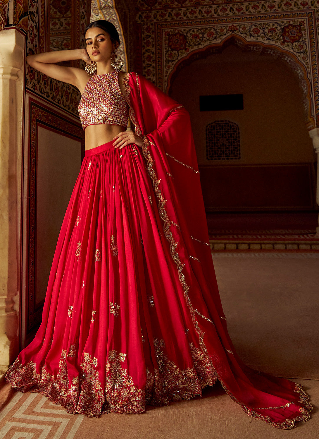 Red Embroidered Silk Lehenga