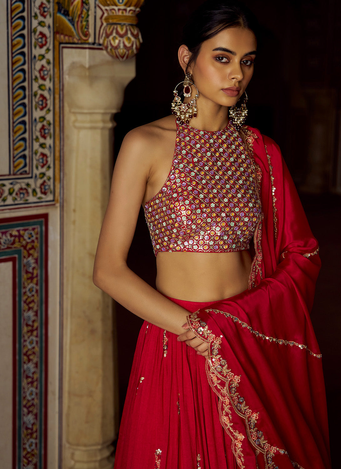 Red Embroidered Silk Lehenga